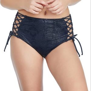 NWT S BEBE wet-look navy snakeskin strappy sides